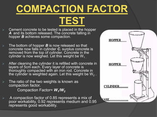 COMPACTION FACTOR
TEST


Cement concrete to be tested is placed in the hopper
A and its bottom released. The concrete falling in
hopper B achieves some compaction.



The bottom of hopper B is now released so that
concrete now falls in cylinder C. surplus concrete is
removed from the top of cylinder. Concrete in the
cylinder is now weighed. Let this weight be W1 .



After cleaning the cylinder it is refilled with concrete in
layers of 5cm each. Every layer of concrete is
thoroughly compacted with an iron rod. Concrete in
the cylinder is weighted again. Let this weight be W2 .



The ratio of the two weights is known as
compaction factor.
Compaction Factor= W1/W2



A compaction factor of 0.85 represents a mix of
poor workability, 0.92 represents medium and 0.95
represents good workability.

 
