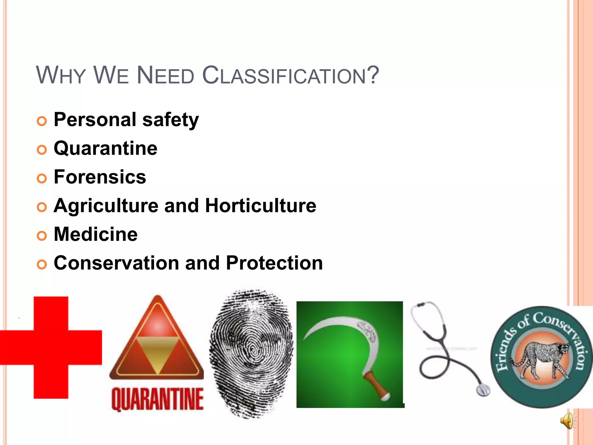 Why We Need Classification?Personal safetyQuarantineForensicsAgriculture and HorticultureMedicineConservation and Protection