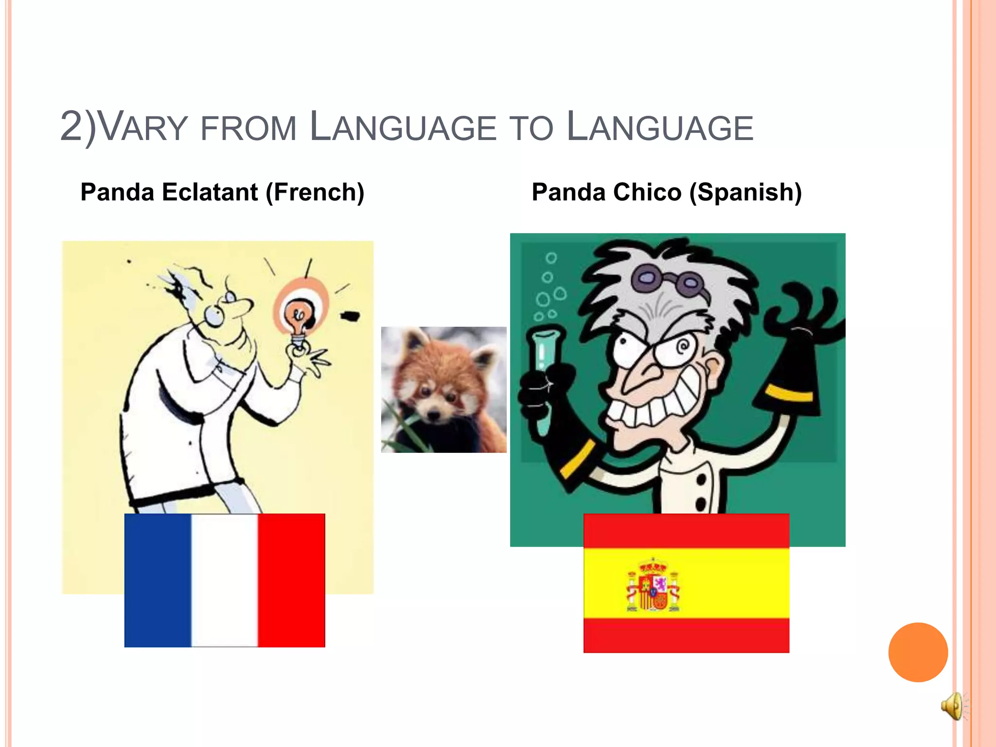 2)Vary from Language to LanguagePanda Eclatant (French)Panda Chico (Spanish)