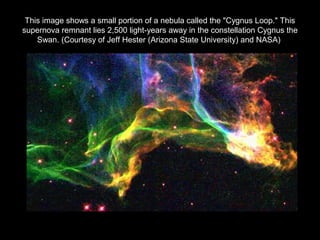 This image shows a small portion of a nebula called the "Cygnus Loop." This
supernova remnant lies 2,500 light-years away in the constellation Cygnus the
Swan. (Courtesy of Jeff Hester (Arizona State University) and NASA)
 