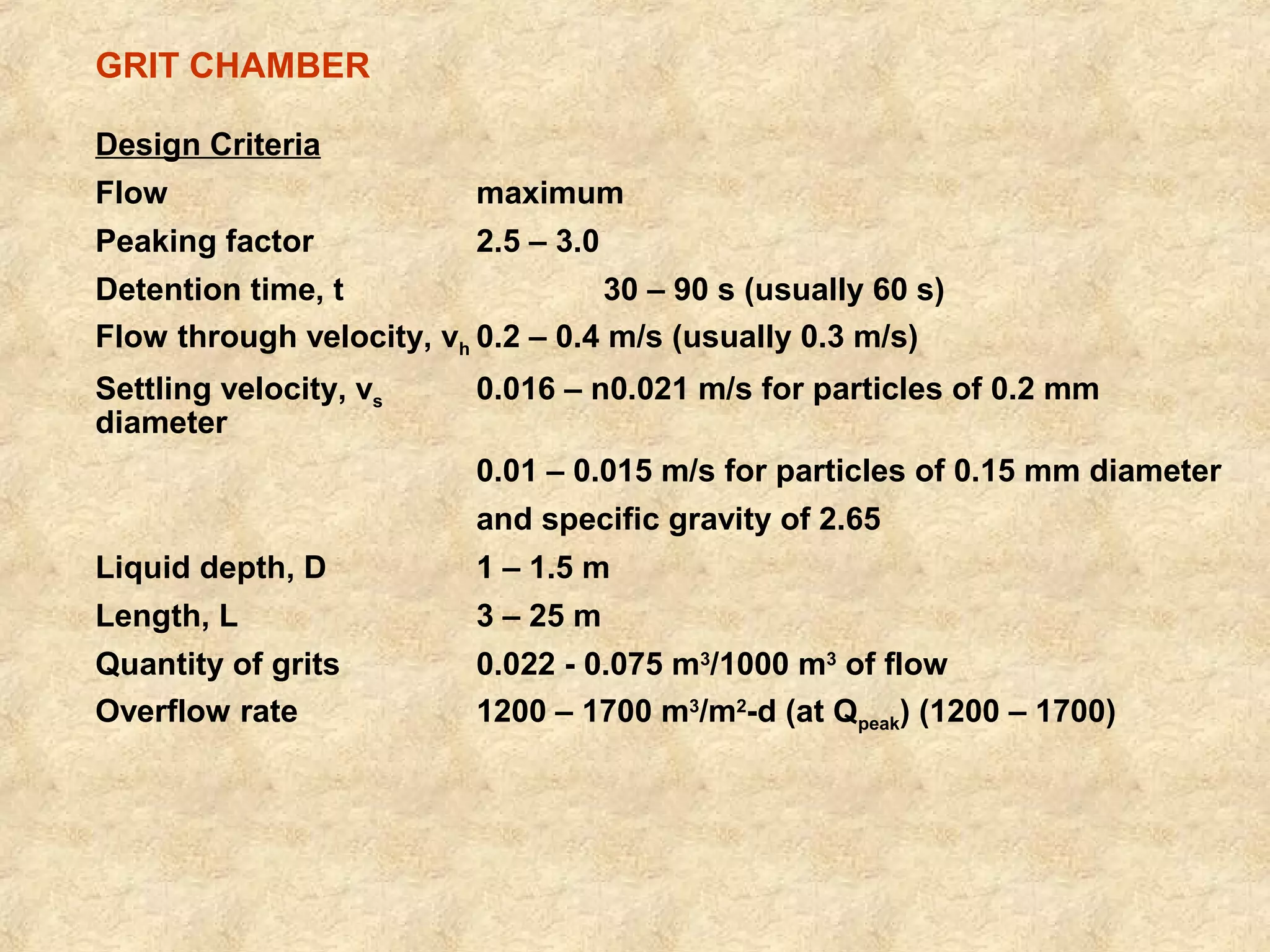 GRIT CHAMBER 
Design Criteria 
Flow maximum 
Peaking factor 2.5 – 3.0 
Detention time, t 30 – 90 s (usually 60 s) 
Flow through velocity, vh 0.2 – 0.4 m/s (usually 0.3 m/s) 
Settling velocity, vs 0.016 – n0.021 m/s for particles of 0.2 mm 
diameter 
0.01 – 0.015 m/s for particles of 0.15 mm diameter 
and specific gravity of 2.65 
Liquid depth, D 1 – 1.5 m 
Length, L 3 – 25 m 
Quantity of grits 0.022 - 0.075 m3/1000 m3 of flow 
Overflow rate 1200 – 1700 m3/m2-d (at Qpeak) (1200 – 1700) 
 