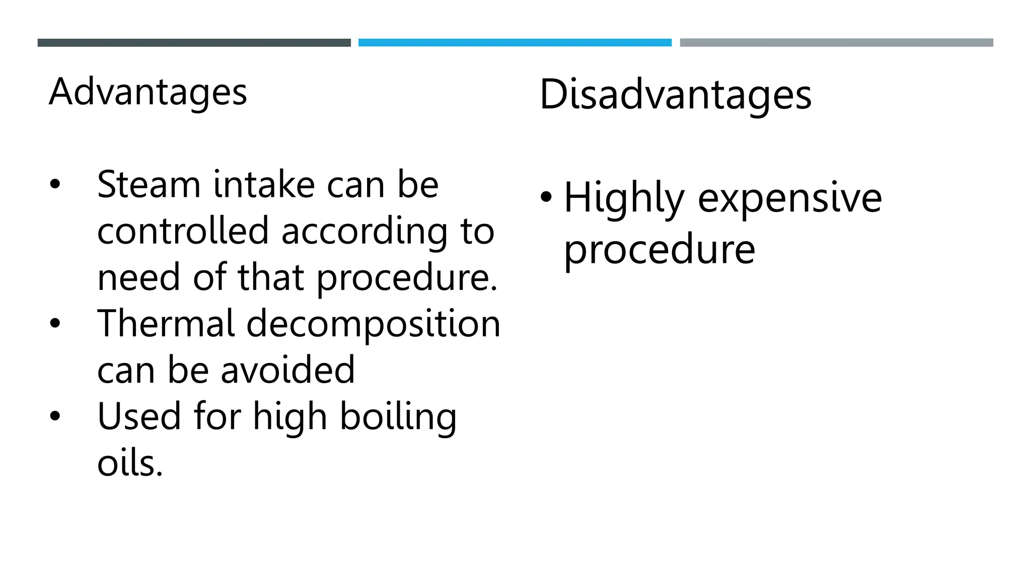 Advantages
• Steam intake can be
controlled according to
need of that procedure.
• Thermal decomposition
can be avoided
• Used for high boiling
oils.
Disadvantages
• Highly expensive
procedure
 