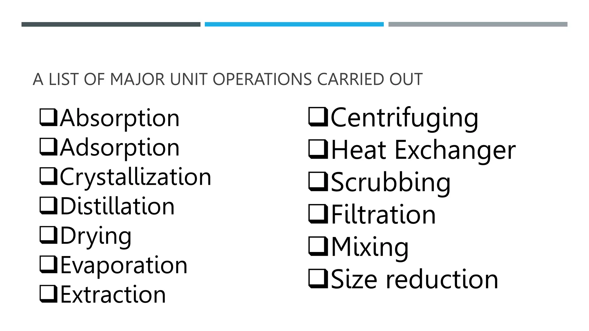 A LIST OF MAJOR UNIT OPERATIONS CARRIED OUT
Absorption
Adsorption
Crystallization
Distillation
Drying
Evaporation
Extraction
Centrifuging
Heat Exchanger
Scrubbing
Filtration
Mixing
Size reduction
 