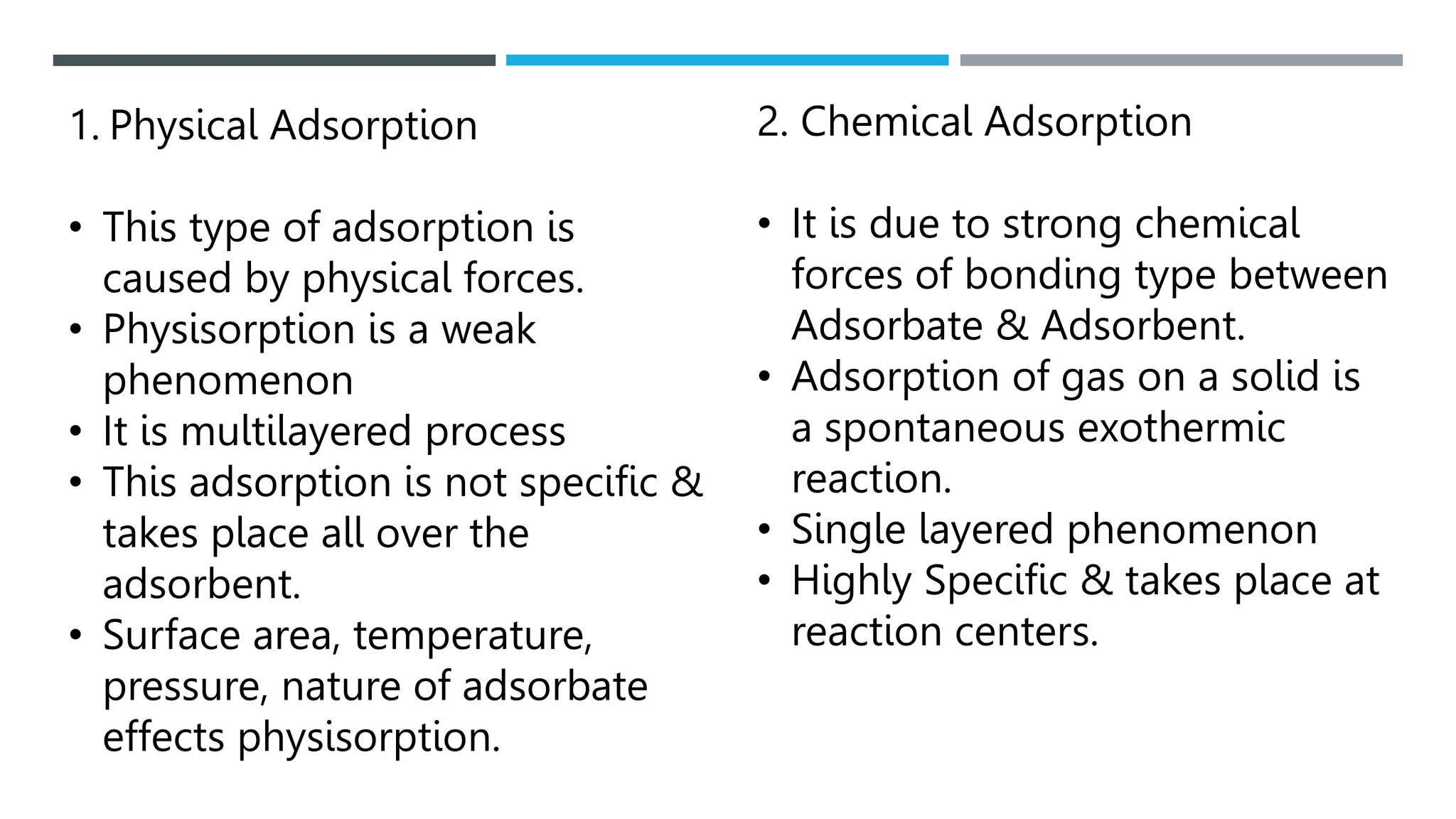 1. Physical Adsorption
• This type of adsorption is
caused by physical forces.
• Physisorption is a weak
phenomenon
• It is multilayered process
• This adsorption is not specific &
takes place all over the
adsorbent.
• Surface area, temperature,
pressure, nature of adsorbate
effects physisorption.
2. Chemical Adsorption
• It is due to strong chemical
forces of bonding type between
Adsorbate & Adsorbent.
• Adsorption of gas on a solid is
a spontaneous exothermic
reaction.
• Single layered phenomenon
• Highly Specific & takes place at
reaction centers.
 