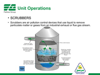 Unit Operations
• SCRUBBERS
• Scrubbers are air pollution control devices that use liquid to remove
particulate matter or gases from an industrial exhaust or flue gas stream.
 