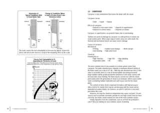 3.3 CARRYOVER
Carryover is any contaminant that leaves the boiler with the steam.
Carryover can be:
• Solid • Liquid • Vapour
Effects of carryover:
• Deposits in non-return valve • Deposits in superheaters
• Deposits in control valves • Deposits on turbine
Carryover in superheaters can promote failure due to overheating.
Turbines are prone to damage by carryover, as solid particles in steam can
erode turbine parts. When large slugs of water carry over with steam, the
thermal and mechanical shock can cause severe damage.
Causes of carryover:
Mechanical:
• Priming • Sudden load changes • Boiler design
• Soot blowing • High water level
Chemical:
Foaming due to:
• High Chlorides • High TDS • High alkalinity
• Suspended solids • Oil • Silica
The most common form of encrustation in a steam system stems from
carryover. The boiler manufacturers stipulate a maximum allowed salinity of
the boiler water (as a rule at 0.4° Be = 4000 mg salts dissolved per litre). If this
value is exceeded, there is a risk of normal bubble size being prevented;
larger bubbles will be produced and the turbulence in the water surface will
increase and cause foaming. The foam may be carried over with the steam,
particularly when the generation of steam is at maximum, which causes boiler
water (containing Sodium Hydroxide and salt) to pass out into the steam
pipes.
The content of Silicic Acid is important for boilers with high pressures.
Silicic Acid in its volatile form may be carried away with the steam and be
deposited on turbine blades, for instance, on which it will form a very hard,
porcelaine-like scale.
However, not only the chemical composition may cause carryover. Circum-
stances such as periodic overloads, periods of a too high a water level (or more
correctly: too small a steam volume) are two of the most common causes.
Finally, impurities from the condensate, such as oil from the preheater’s
coils if they are leaking are very common causes of priming.
19
WATER TREATMENT HANDBOOK
18 3 / PROBLEMS OF BOILER WATER
Illustration of
Typical Conditions With
a Clean Boiler Tube
Change in Conditions When
a Layer of Scale of just 3 mm
Thickness Exists
The scale causes the fuel consumption to increase by approx. 18 percent.
Stress will arise in the steel as a result of the insulating effect of the scale.
Excess Fuel Consumption in %,
depending on Thickness of Scale
Curve of middle values. The differences in the test results can be
explained by differences in the composition of scale (porous–hard).
 