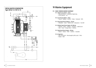 85
WATER TREATMENT HANDBOOK
84 18 / EVAPORATOR TREATMENT
FRESH WATER GENERATOR
Type AFGU 1-E-10/1-E-15
19 Marine Equipment
19.1 SOME COMMON MARINE EQUIPMENT
19.1.1 High Pressure Boilers > 30 bar
• Babcox & Wilcox • Combustion Engineering
• Foster Wheeler • IHI
19.1.2 Low Pressure Boilers < 30 bar
• Sunrod • Aalborg • Cochran • Osaka • Kawasaki • MHI
19.1.3 Slow Speed Diesel Enginees < 120 rpm
• Mitsubishi • Sulzer • MAN B & W • Gøtaværken • Fiat GMT
19.1.4 Medium Speed Diesel Engines 120–900 rpm
• Wartsila • Sulzer • Pielstick • Enterprise • MAN B & W
• MaK • Deutz • Bergen Diesel • Daihatsu
19.1.5 High Speed Diesel Engines > 900 rpm
• Hitachi • Yanmar • EMD • Cummins • Caterpillar
19.1.6 Evaporators
• Alfa-Laval Desalt • Atlas (bought by Alfa-Laval) • Nirex
• Maxim • Weir
 