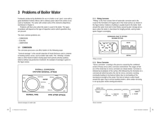3.1.1 Pitting Corrosion
“Pitting” is the most serious form of waterside corrosion and is the
result of the formation of irregular pits in the metal surface as shown in
the figure below. Evidence of pitting is usually found in the boiler shell
around the water level and is most likely caused by poor storage proce-
dures when the boiler is shut down for lengthy periods, and by inade-
quate Oxygen scavenging.
Pitting corrosion.
3.1.2 Stress Corrosion
“Stress corrosion” cracking is the process caused by the combined
action of heavy stress and a corrosive environment. The stages of fail-
ure of the metal due to stress corrosion are shown below. Corrosion is
initiated by breakdown of the surface film followed by the formation of a
corrosion pit which becomes the site for stress corrosion cracking,
eventually leading to mechanical failure due to overloading of the
mechanical strength of the metal. This form of attack is often found
around the ogee ring in vertical auxiliary boilers, when undue stressing
is set up by poor steam-raising procedures.
Stress corrosion
15
WATER TREATMENT HANDBOOK
3 Problems of Boiler Water
Feedwater produced by distillation for use in a boiler is not “pure”
, even with a
good distillation method. Worse still is ordinary water taken from ashore to be
used as feedwater. The water will contain some of the elements (impurities)
mentioned in Chapter 5.
Problems will then arise when the water is used in the boiler. The types
of problem will depend on the type of impurities and in which quantities they
are present.
The most common problems are:
– CORROSION
– SCALING
– CARRYOVER
3.1 CORROSION
The corrosion processes can affect boilers in the following ways:
”General wastage” is the overall reduction of metal thickness and is common
in heating surface areas, such as boiler tube walls. This “thinning” of boiler
tubes is often found in boilers having open feed systems (mostly auxiliary
boilers) without any protective treatment. An example of wastage is given in
the figure below.
14 3 / PROBLEMS OF BOILER WATER
General wastage of a boiler tube.
 