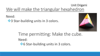 Unit Origami
We will make the triangular hexahedron
Need:
3 Star-building units in 3 colors.
Time permitting: Make the cube.
Need:
6 Star-building units in 3 colors.
 