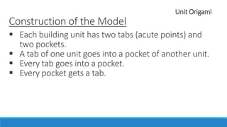 Unit Origami
Construction of the Model
 Each building unit has two tabs (acute points) and
two pockets.
 A tab of one unit goes into a pocket of another unit.
 Every tab goes into a pocket.
 Every pocket gets a tab.
 