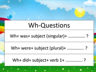 Wh-Questions
Wh+ was+ subject (singular)+ .............. ?

Wh+ were+ subject (plural)+ .............. ?

 Wh+ did+ subject+ verb 1+ .............. ?
 