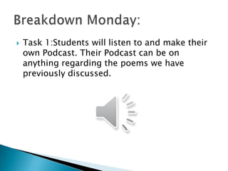 

Task 1:Students will listen to and make their
own Podcast. Their Podcast can be on
anything regarding the poems we have
previously discussed.

 