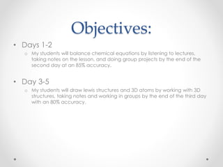 Objectives:
• Days 1-2
o My students will balance chemical equations by listening to lectures,
taking notes on the lesson, and doing group projects by the end of the
second day at an 85% accuracy.
• Day 3-5
o My students will draw lewis structures and 3D atoms by working with 3D
structures, taking notes and working in groups by the end of the third day
with an 80% accuracy.