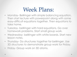 Week Plans:
• Monday- Bellringer with simple balancing equation.
Then start lecture with powerpoint along with some
easy-difficult equations together. Then equations to
take home.
• Tuesday- bellringer with hard equations. Go over
homework problems. Start small group work.
• Wednesday- bellringer with white boards. Start new
lesson notes.
• Thursday- Do structures together for bellringer. Use
3D structures to demonstrate group work for Friday.
• Friday- Group work on 3D atoms.