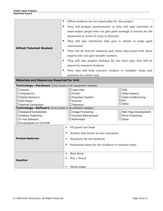 Intel® Teach Program
Essentials Course



                                                    Gifted students are wit stand pillar for this project.

                                                    They will prepare questionnaire or they will take interview of
                                                     some expert people who can give good message to society for the
                                                     awareness in terms of unity in diversity.
                                                    They will also initiatively take part in debate to make good
                                                     conclusions.
  Gifted/Talented Student
                                                    They will do internet research and online discussion with those
                                                     experts who can give broader answers.
                                                    They will also prepare dialogue for the short play that will be
                                                     played by resource students.
                                                    They also will help resource student to complete tasks and
                                                     activities in a better way.
  Materials and Resources Required for Unit
  Technology—Hardware (Click boxes of all equipment needed)
     Camera                                             Laser Disk                               VCR
     Computer(s)                                        Printer                                  Video Camera
     Digital Camera b                                   Projection System                       Video Conferencing
     DVD Player                                         Scanner                               Equip.
     Internet Connection                 Television                                              Other      
  Technology—Software (Click boxes of all software needed.)
     Database/Spreadsheet                               Image Processing                         Web Page Development
     Desktop Publishing                                 Internet Web Browser                     Word Processing
     E-mail Software                                    Multimedia                               Other      
     Encyclopedia on CD-ROM
                                                      VII grade text book

                                                      Articles and issues on war and peace.
  Printed Materials                                   Handouts for the students.

                                                      Evaluation sheet for the students to evaluate them.


                                                      Note Book
                                                      Pen / Pencil
  Supplies

                                                      Blank pages




© 2008 Intel Corporation. All Rights Reserved.                                                            Page 10 of 11
 