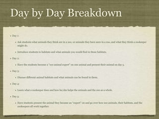 Day by Day Breakdown
Day 1:
Ask students what animals they think are in a zoo, or animals they have seen in a zoo, and what they think a zookeeper
might do.
Introduce students to habitats and what animals you would find in those habitats.
Day 2:
Have the students become a “zoo animal expert” on one animal and present their animal on day 5.
Day 3:
Discuss different animal habitats and what animals can be found in them.
Day 4:
Learn what a zookeeper does and how he/she helps the animals and the zoo as a whole.
Day 5:
Have students present the animal they became an “expert” on and go over how zoo animals, their habitats, and the
zookeepers all work together.
 
