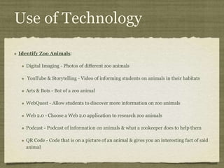 Use of Technology
Identify Zoo Animals:
Digital Imaging - Photos of different zoo animals
YouTube & Storytelling - Video of informing students on animals in their habitats
Arts & Bots - Bot of a zoo animal
WebQuest - Allow students to discover more information on zoo animals
Web 2.0 - Choose a Web 2.0 application to research zoo animals
Podcast - Podcast of information on animals & what a zookeeper does to help them
QR Code - Code that is on a picture of an animal & gives you an interesting fact of said
animal
 