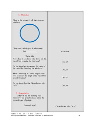 I N T E L ® T E A C H T O T H E F U T U R E
w ith support fromMicrosoft ©2000 Intel Corporation. All Rights Reserved 18
b. Motivation
Class, at this moment I will show to you a
hula-hoop.
Class what kind of figure is a hula-hoop?
Yes, ___________
That’s right!
Now, class do you know what do we call this
curved line bounding the hula-hoop?
Do you know how to measure the length of
the curved line bounding the hula-hoop?
Since a hula-hoop is a circle, do you know
how to measure the length of the curved line
around the circle?
Do you know about the Circumference of a
circle?
B. Generalization
So be with me this morning class
because we are going to discuss about the
circumference of a circle.
Everybody read!
It is a circle.
No, sir!
No, sir
No sir
No, sir
“Circumference of a Circle”
 