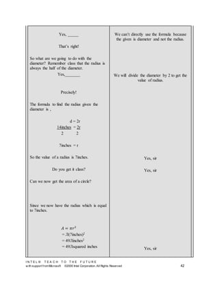 I N T E L ® T E A C H T O T H E F U T U R E
w ith support fromMicrosoft ©2000 Intel Corporation. All Rights Reserved 42
Yes, _____
That’s right!
So what are we going to do with the
diameter? Remember class that the radius is
always the half of the diameter.
Yes,_______
Precisely!
The formula to find the radius given the
diameter is ,
d = 2r
14inches = 2r
2 2
7inches = r
So the value of a radius is 7inches.
Do you get it class?
Can we now get the area of a circle?
Since we now have the radius which is equal
to 7inches.
𝐴 = 𝜋𝑟2
= Л(7inches)2
= 49Лinches2
= 49Лsquared inches
We can’t directly use the formula because
the given is diameter and not the radius.
We will divide the diameter by 2 to get the
value of radius.
Yes, sir
Yes, sir
Yes, sir
 