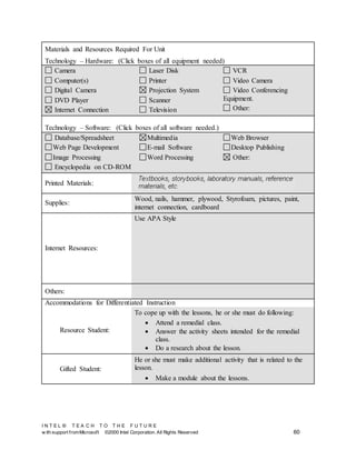 I N T E L ® T E A C H T O T H E F U T U R E
w ith support fromMicrosoft ©2000 Intel Corporation. All Rights Reserved 60
Materials and Resources Required For Unit
Technology – Hardware: (Click boxes of all equipment needed)
Camera
Computer(s)
Digital Camera
DVD Player
Internet Connection
Laser Disk
Printer
Projection System
Scanner
Television
VCR
Video Camera
Video Conferencing
Equipment.
Other:
Technology – Software: (Click boxes of all software needed.)
Database/Spreadsheet
Web Page Development
Image Processing
Encyclopedia on CD-ROM
Multimedia
E-mail Software
Word Processing
Web Browser
Desktop Publishing
Other:
Printed Materials:
Supplies:
Wood, nails, hammer, plywood, Styrofoam, pictures, paint,
internet connection, cardboard
Internet Resources:
Use APA Style
Others:
Accommodations for Differentiated Instruction
Resource Student:
To cope up with the lessons, he or she must do following:
 Attend a remedial class.
 Answer the activity sheets intended for the remedial
class.
 Do a research about the lesson.
Gifted Student:
He or she must make additional activity that is related to the
lesson.
 Make a module about the lessons.
 