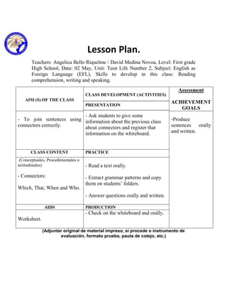 Lesson Plan.
       Teachers: Angelica Bello Riquelme / David Medina Novoa, Level: First grade
       High School, Date: 02 May, Unit: Teen Life Number 2, Subject: English as
       Foreign Language (EFL), Skills to develop in this class: Reading
       comprehension, writing and speaking.
                                                                               Assessment
                                    CLASS DEVELOPMENT (ACTIVITIES)
   AIM (S) OF THE CLASS
                                                                             ACHIEVEMENT
                                    PRESENTATION
                                                                                GOALS
                          - Ask students to give some
- To join sentences using information about the previous class               -Produce
connectors correctly.     about connectors and register that                 sentences orally
                          information on the whiteboard.                     and written.


      CLASS CONTENT                 PRACTICE
 (Conceptuales, Procedimentales o
actitudinales)                      - Read a text orally.
- Connectors:                       - Extract grammar patterns and copy
                                    them on students’ folders.
Which, That, When and Who.
                                    - Answer questions orally and written.

              AIDS                  PRODUCTION
                                    - Check on the whiteboard and orally.
Worksheet.

             (Adjuntar original de material impreso, si procede o instrumento de
                     evaluación, formato prueba, pauta de cotejo, etc.)
 