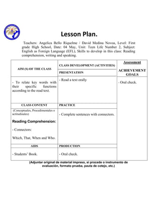 Lesson Plan.
        Teachers: Angelica Bello Riquelme / David Medina Novoa, Level: First
       grade High School, Date: 04 May, Unit: Teen Life Number 2, Subject:
       English as Foreign Language (EFL), Skills to develop in this class: Reading
       comprehension, writing and speaking.
                                                                               Assessment
                                    CLASS DEVELOPMENT (ACTIVITIES)
   AIM (S) OF THE CLASS
                                                                            ACHIEVEMENT
                                    PRESENTATION
                                                                               GOALS
                                    - Read a text orally
- To relate key words with                                                  - Oral check.
their   specific      functions
according to the read text.


       CLASS CONTENT                PRACTICE
 (Conceptuales, Procedimentales o
actitudinales)                      - Complete sentences with connectors.
Reading Comprehension:

- Connectors:

Which, That, When and Who.

              AIDS                  PRODUCTION

- Students’ Book.                   - Oral check.

             (Adjuntar original de material impreso, si procede o instrumento de
                     evaluación, formato prueba, pauta de cotejo, etc.)
 