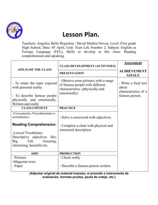 Lesson Plan.
       Teachers: Angelica Bello Riquelme / David Medina Novoa, Level: First grade
       High School, Date: 05 April, Unit: Teen Life Number 2, Subject: English as
       Foreign Language (EFL), Skills to develop in this class: Reading
       comprehension and speaking.
                                                                              Assessment
                                    CLASS DEVELOPMENT (ACTIVITIES)
   AIM (S) OF THE CLASS
                                                                           ACHIEVEMENT
                                    PRESENTATION
                                                                              GOALS
                              - Observe some pictures with a range
- To relate the topic exposed of famous people with different              - Write a final text
with personal reality.        characteristics. (physically and             about
                              emotionally)                                 characteristics of a
- To describe famous people                                                famous person.
physically and emotionally.
Written and orally
       CLASS CONTENT                PRACTICE
 (Conceptuales, Procedimentales o
actitudinales)                      - Solve a crossword with adjectives.
Reading Comprehension: - Complete a chart with physical and
                               emotional description.
-Lexical Vocabulary:
Descriptive adjectives like:
Big.       Tall.      Amazing,
interesting, beautiful etc.

              AIDS                  PRODUCTION
- Pictures                          - Check orally
-Magazine texts
- Paper                             - Describe a famous person written.

             (Adjuntar original de material impreso, si procede o instrumento de
                     evaluación, formato prueba, pauta de cotejo, etc.)
 