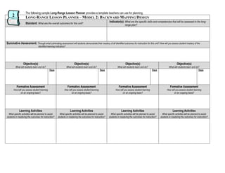 -3429001219202The following sample Long-Range Lesson Planner provides a template teachers can use for planning.<br />Long-Range Lesson Planner – Model 2: Backward Mapping DesignStandard: What are the overall outcomes for this unit?Indicator(s): What are the specific skills and competencies that will be assessed in the long-range plan?Summative Assessment: Through what culminating assessment will students demonstrate their mastery of all identified outcomes for instruction for this unit? How will you assess student mastery of the identified learning indicators?Objective(s)What will students learn and do?Objective(s)What will students learn and do?Objective(s)What will students learn and do?Objective(s)What will students learn and do?DaysDaysDaysDaysFormative AssessmentHow will you assess student learning on an ongoing basis?Formative AssessmentHow will you assess student learning on an ongoing basis?Formative AssessmentHow will you assess student learning on an ongoing basis?Formative AssessmentHow will you assess student learning on an ongoing basis?Learning ActivitiesWhat specific activities will be planned to assist students in mastering the outcomes for instruction?Learning ActivitiesWhat specific activities will be planned to assist students in mastering the outcomes for instruction?Learning ActivitiesWhat specific activities will be planned to assist students in mastering the outcomes for instruction?Learning ActivitiesWhat specific activities will be planned to assist students in mastering the outcomes for instruction?<br />R-342900-175895<br />Long-Range  Lesson Planner   - Resource Planner Text ResourcesHow will various forms of text (e.g., print, video, etc.) be used to help learners develop a deeper understanding of the key concepts and skills? What text resources can be utilized to assist learners in enhancing literary experiences?Technology ResourcesHow can the use of technology enhance the learning experience? What tools may be accessed to further develop students’ skills in using technology as an integrated part of their learning? How can information literacy skills be integrated with instruction?Cooperative GroupingsWhat cooperative structures will facilitate learning? How will students be involved in group processing? How will students work with each other during the unit?Content-based reading and Writing OpportunitiesHow will reading strategies for the discipline be overtly taught and reinforced? How will students have the opportunity to extend their thinking through writing?Hands-On Experiences and/or Manipulative UsageWhat hands-on experiences and/or manipulatives will be used to help students develop an understanding of key skills and processes for investigation?Individualized InstructionHow will the lesson need to be adapted for students with special needs (i.e., special education, talented and gifted, ESOL/language minority)? In what ways will you vary the modalities of learning to ensure that ALL students have an opportunity to learn?Material ResourcesWhat materials will need to be prepared before each lesson in order to ensure the unit goes smoothly? What media resources are available to enhance your lessons?Other Planning ConsiderationsWhat else should be considered when planning and delivering this unit? What reminders should you record for yourself? What are the time constraints and considerations for this lesson?<br />