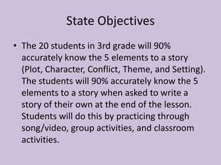 State Objectives
• The 20 students in 3rd grade will 90%
accurately know the 5 elements to a story
(Plot, Character, Conflict, Theme, and Setting).
The students will 90% accurately know the 5
elements to a story when asked to write a
story of their own at the end of the lesson.
Students will do this by practicing through
song/video, group activities, and classroom
activities.

 