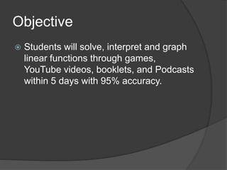 Objective
 Students will solve, interpret and graph
linear functions through games,
YouTube videos, booklets, and Podcasts
within 5 days with 95% accuracy.
 
