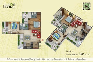 TYPE-1
SaleableArea: 1010 sq. ft.
2 Bedrooms + Drawing/Dining Hall + Kitchen + 3 Balconies + 2 Toilets + Store/Puja
 