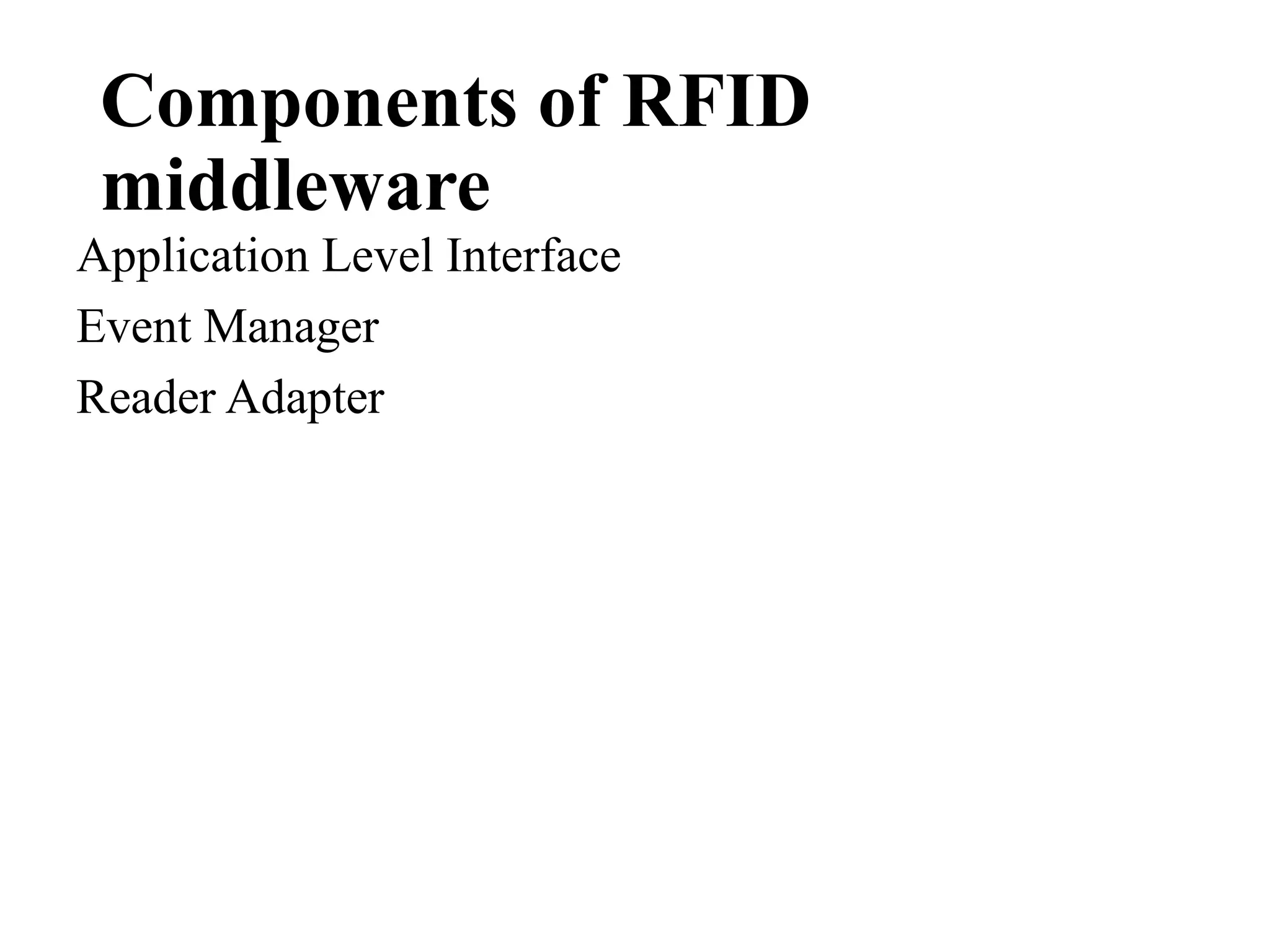 Components of RFID
middleware
Application Level Interface
Event Manager
Reader Adapter
 