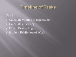 Timeline of TasksDay 3Calculate volume of objects, boxCalculate efficiencyFinish Design LogoStudent Exhibition of Work