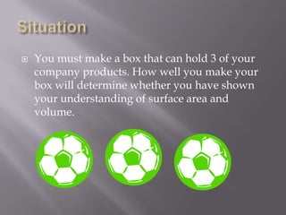 SituationYou must make a box that can hold 3 of your company products. How well you make your box will determine whether you have shown your understanding of surface area and volume. 