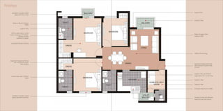 Finishes 
Exterior Paint 
Plastic Emulsion Paint, 
Ceiling in OBD 
Vitrified Tile Flooring 
Anodized / powder coated 
glazed aluminium door 
EWC & wash basin in white 
colour, single lever CP fittings, 
Granite Counter,  
pipelines for geyser 
Laminated Wooden Flooring 
Ceramic Tiles 
Ceramic Tiles upto 600mm 
height above the counter area 
Ceramic Tiles 
Ceramic Tiles 
Granite Counter with Stainless 
Steel Sink with Drain Board 
Seasoned Hardwood Frames 
with moulded European 
style shutters 
Seasoned hardwood frames 
with moulded European style 
shutters 
Ceramic Tiles 
Ceramic tiles upto 2100mm 
height 
Anodized / powder coated 
glazed aluminium windows 
Domestic Help Room in OBD 
Ceramic Tiles till 2100mm 
 height 
 