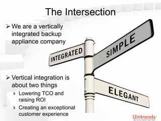 The Intersection
 We are a vertically
  integrated backup
  appliance company




 Vertical integration is
  about two things
    Lowering TCO and
     raising ROI
    Creating an exceptional
     customer experience
 