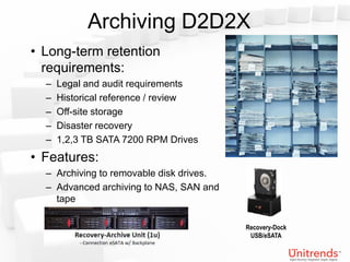 Archiving D2D2X
• Long-term retention
  requirements:
  –   Legal and audit requirements
  –   Historical reference / review
  –   Off-site storage
  –   Disaster recovery
  –   1,2,3 TB SATA 7200 RPM Drives
• Features:
  – Archiving to removable disk drives.
  – Advanced archiving to NAS, SAN and
    tape

                                          Recovery-Dock
                                           USB/eSATA
 