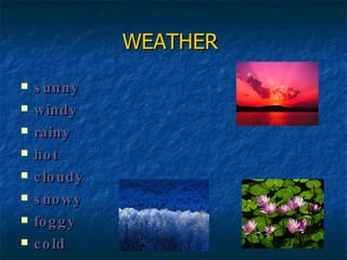 WEATHER   sunny windy rainy hot cloudy snowy foggy cold 