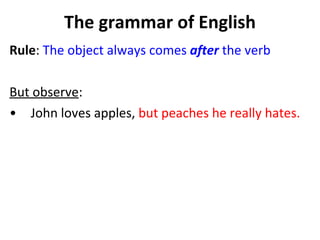 The grammar of English Rule :  The object always comes  after  the verb But observe :  John loves apples,  but peaches he really hates.  