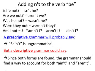 Adding  n’t  to the verb “be”  A  prescriptive  grammar will probably say :    “ *ain’t” is ungrammatical.  But a  descriptive  grammar could say :  Since both forms are found, the grammar should find a way to account for both “ain’t” and “aren’t”.  “ it's quite your regular night; ain't it?”   is he not? = isn’t he? Are we not? = aren’t we?  Was he not? = wasn’t he?  Were they not = weren’t they?  Am I not = ?  *amn’t I? aren’t I? ain’t I?  