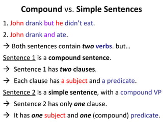 Compound  vs.  Simple Sentences 1.  John   drank   but   he   didn’t eat .  2.  John   drank   and   ate .    Both sentences contain  two   verbs . but…  Sentence 1  is a  compound sentence .  Sentence 1 has  two  clauses .  Each clause has  a subject  and  a predicate . Sentence 2  is a  simple sentence , with a  compound VP Sentence 2 has only  one  clause.  It has  one  subject  and  one  (compound)  predicate .  