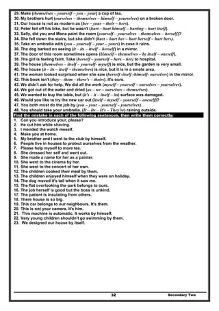 Secondary Two32
29. Make (themselves – yourself – you – your) a cup of tea.
30. My brothers hurt (ourselves – themselves – himself – yourselves) on a broken door.
31. Our house is not as modern as (her – your – their – hers).
32. Peter fell off his bike, but he wasn't (hurt – hurt himself – hurting – hurt itself).
33. Sally, did you and Mona paint the room (yourself – yourselves – themselves – herself)?
34. She fell down the stairs, but she didn't (hurt – hurt her – hurt herself – hurt hers).
35. Take an umbrella with (you – yourself – your – yours) in case it rains.
36. The dog barked on seeing (it – its – itself – herself) in a mirror.
37. The door of this room sometimes opens (himself – themselves – by itself – oneself).
38. The girl is feeling faint. Take (herself – yourself – hers – her) to hospital.
39. The house (themselves – itself – yourself- myself) is nice, but the garden is very small.
40. The house (it – its – itself – themselves) is nice, but it is in a emote area.
41. The woman looked surprised when she saw (herself -itself -himself- ourselves) in the mirror.
42. This book isn't (they – them – there's – theirs). It's ours.
43. We didn't ask for help. We did all the work (myself – yourself – ourselves – yourselves).
44. We got out of the water and dried (us – we – ourselves – themselves).
45. We wanted to buy the table, but (it's – it – itself – its) surface was damaged.
46. Would you like to try the new car out (itself – myself – yourself – oneself)?
47. You both must do the job by (you – your – yourself – yourselves).
48. You should take your umbrella. (It – Its – It's – They're) raining outside.
Find the mistake in each of the following sentences, then write them correctly:
1. Can you introduce your, please?
2. He cut him while shaving.
3. I mended the watch meself.
4. Make you at home.
5. My brother and I went to the club by himself.
6. People live in houses to protect ourselves from the weather.
7. Please help myself to more tea.
8. She dressed her self and went out.
9. She made a name for her as a painter.
10. She went to the cinema by her.
11. She went to the concert of her own.
12. The children cooked their meal by them.
13. The children enjoyed himself when they were on holiday.
14. The dog moved it's tail when it saw me.
15. The flat overlooking the park belongs to ours.
16. The job herself is good but the boss is unkind.
17. The patient is insulating from others.
18. There house is so big.
19. This car belongs to our neighbours. It's them.
20. This is not your camera. It's him.
21. This machine is automatic. It works by himself.
22. Very young children shouldn’t go swimming by them.
23. We designed our house by itself.
 