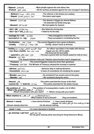 - Oppose ‫/ﻳﻌﺎرض‬‫ﻳﻘﺎوم‬ - Most people oppose the new labour law.
- Protest ‫ﻳﺣﺗﺞ‬/ ‫ﻳﻌﺗرض‬ - All the workers protested against the new manager's decisions.
‫إﺻﻼح‬)‫ﻣوﺳﺳﺔ‬ ‫ـ‬ ‫ﻧظﺎم‬(- Reform - The reforms in the factory are useless.
- Repair ‫إﺻﻼح‬/ ‫ﺗرﻣﻳم‬)‫ﺷﺊ‬/‫ﻣﺑﻧﻰ‬( -The stairs need repair.
- Desert ‫اء‬‫ر‬‫ﺻﺣ‬ /‫ﻳﻬﺟر‬ -The deserts in Egypt are almost lifeless.
– He deserted his family long ago.
- Dessert ‫اﻟﺣﻠو‬‫ﺑﻌد‬‫اﻷﻛﻝ‬ - We had apples for dessert.
- fail + (N) ‫ﻳرﺳب‬/‫ﻓﻲ‬ ‫ﻳﻔﺷﻝ‬ - She failed the driving test.
- fail + (to + inf) ‫ﻳرﺳب‬/‫ﻳﻔﺷﻝ‬‫ﻓﻲ‬ - I failed to fix the bike.
‫ﻳﺗﻣﻛـن‬‫ﻣـن‬- manage to + inf. - They managed to control the fire.
- succeed in +v . ing ‫ﻳﻧﺟـﺢ‬‫ﻓـﻰ‬ - They succeeded in controlling the fire.
- Civilization ‫ة‬‫ﺣﺿﺎر‬/‫ﺗﺣﺿر‬ -The ancient Egyptians had a great civilization.
- Civility ‫ﻟطف‬/‫ﻣﺟﺎﻣﻠﺔ‬)‫اﻟﻣﻌﺎﻣﻠﺔ‬ ‫ﻓﻰ‬( - Civility doesn't work at all times.
- battle ‫ﻣﻌرﻛﺔ‬/‫ﻗﺗﺎﻝ‬)‫أﺷﺧﺎص‬ ‫ﺑﻳن‬/‫ﺟﻳوش‬/ (‫اع‬‫ر‬‫ﺻ‬ - An officer was killed in the battle with thieves.
– win /lose a battle ‫ﻳﻛﺳب‬/‫ﻣﻌرﻛﺔ‬ ‫ﻳﺧﺳر‬ - Egypt won the 1973's battle.
.
ur.
-The army lost its first battle
- quarrel ‫اع‬‫ز‬‫ﻧ‬/‫ﺷﺟﺎر‬/‫ﻧﻘﺎش‬‫ﺣﺎد‬ - The boy's quarrel with his friends lasted for half an ho
- Dispute ‫ﺧﻼف‬/‫اع‬‫ز‬‫ﻧ‬
- The dispute between India and Pakistan about borders hasn't stopped yet.
- Treasure ‫ﻛﻧز‬ -The ancient Egyptian treasures show their greatness.
- Treasury ‫اﻧﺔ‬‫ز‬‫اﻟﺧ‬‫اﻟﻌﺎﻣﺔ‬ -The Minister of Treasury refused the increase in salaries.
- Adviser ‫ﻧﺎﺻﺢ‬ /‫ﻣرﺷد‬ - Advisors help in making decisions.
- Consultant ‫ﻣﺳﺗﺷﺎر‬ /‫ﺧﺑﻳر‬ - A team of consultants are studying the project.
‫ﻳﺗﺳﺎءﻝ‬/‫ﻳﺗﻌﺟب‬- Wonder - He wondered if we would come to the party.
- Wander ‫ﻳﺗﺟوﻝ‬ - We wandered along the shore.
‫ﻳﻔﺗش‬- Search -The police searched the house of the thief.
‫ﻳﺑﺣث‬‫ﻋن‬- search for = look for -The police searched for the stolen money.
-the problem of ‫ﻣﺷﻛﻠﺔ‬.. -The problem of overpopulation needs a lot of effort.
- What's the problem with..? ‫ﻣﺎ‬‫ﻓﻲ‬ ‫اﻟﻣﺷﻛﻠﺔ‬..
- What's the problem with your teeth? = - What's wrong with your teeth?
‫اﺑﺔ‬‫ر‬‫اﻟﻘ‬ ‫ﺻﻠﺔ‬ ‫ﻣﺎ‬)‫اﻟﻌﻼﻗﺔ‬(‫ﺑﻳن‬..‫و‬..- What relation is ….to ….?
-What relation is Ali to Ahmed? -They are brothers.
-Almost = nearly - I have almost finished. = I have nearly finished.
-‫عادة‬ ‫نستخدم‬ ‫النفي‬ ‫علي‬ ‫الدالة‬ ‫الكلمات‬ ‫مع‬ ‫أنه‬ ‫الحظ‬almost:
- Almost nobody liked him. - He did almost nothing.
-most = very - I'm most interested in football.
– go missing = get lost ‫ﻳﺗوة‬/‫ﻳﺿﻝ‬‫اﻟطرﻳق‬
- He has gone missing while searching for King Solomon's Mines.
Secondary Two47
 