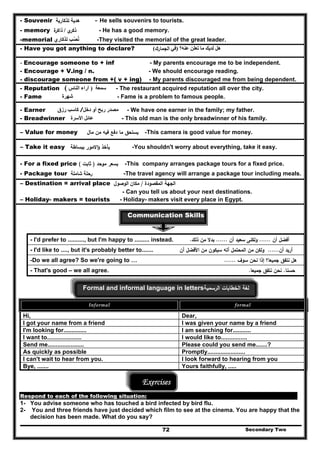 - Souvenir ‫ﻫدﻳﺔ‬‫ﺗذﻛﺎرﻳﺔ‬ - He sells souvenirs to tourists.
- memory ‫ي‬‫ذﻛر‬/‫ة‬‫ذاﻛر‬ - He has a good memory.
-memorial ‫تذكاري‬ ‫نصب‬ُ ُ -They visited the memorial of the great leader.
- Have you got anything to declare? ‫عنه؟‬ ‫تعلن‬ ‫ما‬ ‫لديك‬ ‫ھل‬)‫في‬‫اﻟﺟﻣﺎرك‬(
Encourage someone to + inf - My parents encourage me to be independent.-
- Encourage + V.ing / n. - We should encourage reading.
- discourage someone from +( v + ing) - My parents discouraged me from being dependent.
- Reputation ‫سمعة‬)‫الناس‬ ‫آراء‬( - The restaurant acquired reputation all over the city.
- Fame ‫شھرة‬ - Fame is a problem to famous people.
- Earner ‫رزق‬ ‫كاسب‬ /‫دخل‬ ‫أو‬ ‫ربح‬ ‫مصدر‬ - We have one earner in the family; my father.
- Breadwinner ‫األسرة‬ ‫عائل‬ - This old man is the only breadwinner of his family.
– Value for money ‫ﻣﺎﻝ‬ ‫ﻣن‬ ‫ﻓﻳﻪ‬ ‫دﻓﻊ‬ ‫ﻣﺎ‬ ‫ﻳﺳﺗﺣق‬ -This camera is good value for money.
– Take it easy ‫ﺑﺑﺳﺎطﺔ‬ ‫اﻻﻣور‬‫ؤ‬ ‫ﻳﺄﺧذ‬ -You shouldn't worry about everything, take it easy.
- For a fixed price ‫ﻣوﺣد‬ ‫ﺑﺳﻌر‬)‫ﺛﺎﺑت‬( -This company arranges package tours for a fixed price.
- Package tour ‫رﺣﻠﺔ‬‫ﺷﺎﻣﻠﺔ‬ -The travel agency will arrange a package tour including meals.
– Destination = arrival place ‫اﻟﻣﻘﺻودة‬ ‫اﻟﺟﻬﺔ‬/‫ﻣﻛﺎن‬‫اﻟوﺻوﻝ‬
- Can you tell us about your next destinations.
– Holiday- makers = tourists - Holiday- makers visit every place in Egypt.
Communication Skills
- I'd prefer to .........., but I'm happy to ......... instead. ‫أن‬ ‫أﻓﺿﻝ‬......‫أن‬ ‫ﺳﻌﻳد‬ ‫وﻟﻛﻧﻰ‬......‫ذﻟك‬ ‫ﻣن‬ ‫ﺑدﻻ‬.
- I'd like to ...., but it's probably better to....... ‫أﺗ‬ ‫اﻟﻣﺣﺗﻣﻝ‬ ‫ﻣن‬ ‫وﻟﻛن‬‫أن‬ ‫اﻷﻓﺿﻝ‬ ‫ﻣن‬ ‫ﺳﻳﻛون‬ ‫ﻪ‬ ‫أن‬ ‫أرﻳد‬......
-Do we all agree? So we're going to … ‫ﺳوف‬ ‫ﻧﺣن‬ ‫إذا‬ ‫ﺟﻣﻳﻌﺎ؟‬ ‫ﻧﺗﻔق‬ ‫ﻫﻝ‬......
- That's good – we all agree. ‫ﺣﺳﻧﺎ‬.‫ﺟﻣﻳﻌﺎ‬ ‫ﻧﺗﻔق‬ ‫ﻧﺣن‬.
Formal and informal language in letters‫اﻟرﺳﻣﻳﺔ‬ ‫اﻟﺧطﺎﺑﺎت‬ ‫ﻟﻐﺔ‬
Informal  formal 
Hi, Dear,
I got your name from a friend I was given your name by a friend
I'm looking for.............. I am searching for...........
I want to..................... I would like to................
Send me...................... Please could you send me.......?
As quickly as possible
Secondary Two72
Promptly.......................
I can't wait to hear from you. I look forward to hearing from you
Bye, ....... Yours faithfully, .....
Exercises
Respond to each of the following situation:
1- You advise someone who has touched a bird infected by bird flu.
2- You and three friends have just decided which film to see at the cinema. You are happy that the
decision has been made. What do you say?
 