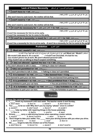 Lack of Future Necessity ‫في‬‫المستقبل‬ ‫نقـــص‬)‫عدم‬(‫الضـــرورة‬
1 won’t have to + inf. ‫مصدر‬ …….
-‫ل‬ ‫لذلك‬ ‫؛‬ ‫ضروري‬ ‫غير‬ ‫شيء‬ ‫عن‬ ‫ھذا‬ ‫يعبر‬‫ن‬‫نفعله‬:
- She won't have to cook lunch. Her mother will do that.
2 won’t need to + inf. ‫مص‬‫در‬ …….
-‫ل‬ ‫لذلك‬ ‫؛‬ ‫ضروري‬ ‫غير‬ ‫شيء‬ ‫عن‬ ‫ھذا‬ ‫يعبر‬‫ن‬‫نفعله‬:
- She won't need to cook lunch. Her mother will do that.
3 It won’t be necessary for + ‫فاعل‬/‫مفعول‬ ‫ضمير‬ + to +inf. ‫ﻣﺼﺪر‬ …….
-‫ل‬ ‫لذلك‬ ‫؛‬ ‫ضروري‬ ‫غير‬ ‫شيء‬ ‫عن‬ ‫ھذا‬ ‫يعبر‬‫ن‬‫نفعله‬:
-It won't be necessary for him to arrive early.
-It won't be necessary for her to come to the party.
4 It won’t be a necessity ( a must) for + ‫فاعل‬/‫ضمير‬‫مفعول‬ + to +inf. ‫مصدر‬ …….
-‫ل‬ ‫لذلك‬ ‫؛‬ ‫ضروري‬ ‫غير‬ ‫شيء‬ ‫عن‬ ‫ھذا‬ ‫يعبر‬‫ن‬‫نفعله‬:
-It won't be a necessity for him to arrive early. -It won't be a necessity for her to come to the party
Prohibition ‫المنع‬/‫التحريم‬
1 - Must not / mustn’t + inf. ‫مصدر‬ …….
-‫تستخدم‬Mustn'tMust not /‫به‬ ‫قمنا‬ ‫إذا‬ ‫سيئة‬ ‫نتيجة‬ ‫عليه‬ ‫تترتب‬ ‫أو‬ ‫به‬ ‫مسموح‬ ‫غير‬ ‫أو‬ ‫ممنوع‬ ‫شيء‬ ‫أن‬ ‫عن‬ ‫للتعبير‬:
- We mustn't talk about it. It's a secret. - I mustn't eat chocolate. It's bad for me.
- You mustn't phone me at work. We aren't allowed personal calls.
- They mustn't see us talking or they'll suspect something.
2 = (be) not allowed / against the law + to + inf. ‫......مصدر‬ .
-You aren't allowed to talk in class. = Talking in class isn’t allowed.
3 =(be) not permitted to+ inf. ‫......مصدر‬ .
-You aren't permitted to talk in class. = Talking in class isn’t permitted.
4 - It is banned + to +inf. ‫مصدر‬ ……. = (be) banned from + V.ing ….. .
-It is banned to park your car here. = You are banned from parking here .
5 - It is prohibited + to +inf. ‫مصدر‬ ……. = (be) prohibited from + V.ing ….. .
-It is prohibited to park your car here. = You are prohibited from parking here.
6 - It is forbidden / illegal + to +inf. ‫مصدر‬ ……. = (be) forbidden to + inf. ‫مصدر‬ ….. .
-It is forbidden to park your car here. = You are forbidden to park here.
Exercises
Choose the correct answer :
1. I _____ finish my homework until next week. The teacher wants it next Sunday.
a. don’t must b. have to c. mustn’t d. don’t have to
2. You _____ to be so rude! Why don’t you try saying “please” once in a while?
a. mustn’t b. don’t need c. haven’t d. needn’t
3. I _____ help my father with repairing things in the house yesterday.
a. have to b. had to c. need to d. must
4. Drivers _____ carry a valid driving license when operating a motor vehicle.
a. need to b. doesn’t need to c. must d. have to
5. Don't forget to take your wallet. You _____ have your driving license with you when you drive.
a. don't need to b. must c. need d. have to
6. We _____ forget to take the chicken out of the freezer.
Secondary Two78
a. don't have to b. haven’t to c. mustn’t d. don’t need to
 