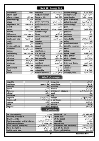 Unit 17- Jurassic Park
Secondary Two81
admiration ‫إعجاب‬ fire alarm ‫اﻟﺣرﻳق‬ ‫ﺿد‬ ‫إﻧذار‬ ‫ﺟﻬﺎز‬ nuclear energy ‫النووية‬ ‫الطاقة‬
alarm clock ‫منبه‬ food production ‫الغذاء‬ ‫إنتاج‬ nuclear waste ‫النووية‬ ‫النفايات‬
alarm system ‫إنذار‬ ‫جھاز‬ forms of life ‫الحياة‬ ‫أشكال‬ organisation ‫مؤسسة‬/‫منظمة‬
anthropology ‫دراسة‬ ‫علم‬ fossils ‫حفريات‬ pack of animals ‫من‬ ‫قطيع‬
argue ‫يجادل‬ genetic engineering ‫الوراثية‬ ‫الھندسة‬ paleontologist ‫عالم‬‫في‬‫الحفريات‬
aspects of life ‫الحياة‬ ‫جوانب‬ ‫م‬‫وراثي‬ ‫ھندسة‬‫ا‬ paleontologygenetically engineered
‫اﻟﺣﻔرﻳﺎت‬ ‫اﺳﺔ‬‫ر‬‫د‬ ‫ﻋﻠم‬
avoid ‫يتجنب‬ germs ‫ج‬‫راثيم‬ park ‫محمية‬
award ‫جائزة‬/‫يمنح‬ global warming ‫الحراري‬ ‫االحتباس‬ prehistoric ‫التاريخ‬ ‫قبل‬ ‫ما‬
beliefs ‫معتقدات‬ human beings ‫البشر‬ produce ‫ينتج‬ُ
billionaire ‫اﻟﺑﻼﻳﻳن‬ ‫أﺻﺣﺎب‬ ‫ﻣن‬ illegal ‫قانوني‬ ‫غير‬ producer ‫منتج‬
brilliant student ‫متميز‬ ‫طالب‬ Improve human health ‫صحة‬ ‫يحسن‬ radiation ‫اشعاع‬
cautionary tale ‫تحذيرية‬ ‫قصة‬ infect ‫بالعدوى‬ ‫يصيب‬ُ remarkable ‫رائع‬/‫ملحوظ‬/‫غير‬
copy ‫نسخة‬ infected ‫معدى‬ safely ‫بأمان‬
create ‫يخلق‬ infection ‫عدوى‬ scientific experiments ‫علمية‬ ‫تجارب‬
‫يخلق‬‫مشكالت‬ inhabit ‫يسكن‬create problems scientific research ‫ﻳﺔ‬‫اﻟﻌﻠﻣ‬ ‫اﻷﺑﺣﺎث‬
customs ‫عادات‬/‫الجمارك‬ interfere ‫يتدخل‬ seize ‫ﺗوﻟﻲ‬ ‫ﻳ‬‫ﺳ‬ / ‫ﻳﻣﺳك‬‫ﻋﻠﻲ‬
danger ‫ﺧطر‬ interference ‫تدخـل‬ set up ‫ينشئ‬
deliberately ‫عمدا‬/‫قصد‬ ‫عن‬ it is too late ‫األوان‬ ‫فات‬ space travel ‫للفضاء‬ ‫السفر‬
deserve ‫يستحق‬ ivory tower ‫عاجي‬ ‫برج‬ state of fear ‫خوف‬ ‫حالة‬
director ‫مخرج‬/‫مدير‬ live naturally ‫بشكل‬ ‫يعيش‬ strain = breed ‫ساللة‬/‫نوع‬
enclose ‫يرفق‬ُ/‫بـ‬ ‫يحيط‬ lost world ‫المفقود‬ ‫العالم‬ survivor ‫ناجي‬
endanger ‫للخطر‬ ‫يعرض‬ُ mainland ‫الرئيسي‬ ‫البر‬ train as a doctor ‫كطبيب‬ ‫يتدرب‬
era ‫عصر‬/‫حقبة‬ ‫يحسن‬ُ uprightmake improvements ‫معتدل‬/‫مستقيم‬
excitement ‫إثارة‬ notably ‫وخصوصا‬ violence ‫العنف‬
feed ‫يطعم‬ُ noticeable ‫ملحوظ‬ wildlife ‫البرية‬ ‫الحياة‬
fence ‫سور‬ ‫النووي‬ ‫اإلشعاع‬ wooden postsNuclear radiation ‫خشبية‬ ‫أعمدة‬
Words & antonyms
capable ‫قادر‬ incapable ‫قادر‬ ‫غير‬
cautious ‫حذر‬/‫حريص‬ incautious ‫حذر‬ ‫غير‬
destroy ‫يدمر‬ preserve ‫علي‬ ‫يحافظ‬
direct ‫مباشر‬ indirect ‫مباشر‬ ‫غير‬
famous ‫مشھور‬ unknown = obscure ‫معروف‬ ‫غير‬/‫مغمور‬
global ‫عالمي‬ local ‫محلي‬
immense ‫ھائل‬ tiny ‫ضئيل‬
improve ‫يحسن‬ُ/‫يتحسن‬ worsen ‫يسوء‬/‫أسوأ‬ ‫يصبح‬
in general ‫عامة‬ ‫بصفة‬ in particular ‫خاصة‬ ‫بصفة‬
mature ‫ناضج‬ immature ‫ناضج‬ ‫غير‬
pure ‫نقي‬ impure ‫نقي‬ ‫غير‬
regular ‫منتظم‬ irregular ‫منتظم‬ ‫غير‬
Expressions
be fascinated by ‫بـ‬ ‫ينبھر‬ introduce…to ‫يقدم‬)‫شخص‬(‫إلى‬
become involved in ‫في‬ ‫متورط‬ ‫يصح‬ knock over ‫أو‬ ‫يصدم‬‫ي‬‫سقط‬
Divide…..into ‫يقســم‬ُ..‫إلي‬ off the coast ‫الساحل‬ ‫قبالة‬
find information on the internet ‫االنترنت‬ ‫على‬ ‫معلومات‬ ‫يجد‬ related to ‫بـ‬ ‫مرتبط‬
give instructions to ‫لـ‬ ‫تعليمات‬ ‫يعطي‬ sail towards ‫تجاه‬ ‫يبحر‬
have serious effects on ‫علي‬ ‫خطيرة‬ ‫تأثيرات‬ ‫لھا‬ threatened with extinction ‫باالنقراض‬ ‫مھددة‬
have the right to ‫في‬ ‫الحق‬ ‫لديه‬ turn off the alarm ‫اإلنذار‬ ‫جھاز‬ ‫يغلق‬ُ
in the same way ‫الطريقة‬ ‫بنفس‬ Warn…. of /against ‫يحذر‬ُ..‫من‬
 