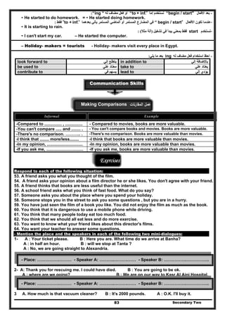 -‫بعد‬‫األفعال‬begin / start""‫إما‬ ‫نستخدم‬to + inf.""‫له‬ ‫مضاف‬ ‫فعل‬ ‫أو‬"ing:"
- He started to do homework. = - He started doing homework.
-‫األفعال‬ ‫تكون‬ ‫عندما‬begin / start""‫بعدھما‬ ‫يأتي‬ ‫المستمر‬ ‫الماضي‬ ‫أو‬ ‫المستمر‬ ‫المضارع‬ ‫في‬"to + inf."‫فقط‬:
- It is starting to rain.
-‫تستخدم‬start‫تشغيل‬ ‫في‬ ‫يبدأ‬ ‫بمعني‬ ‫فقط‬)‫مثال‬ ‫آلة‬: (
- I can't start my car. – He started the computer.
– Holiday- makers = tourists - Holiday- makers visit every place in Egypt.
-‫له‬ ‫مضاف‬ ‫فعل‬ ‫استخدام‬ ‫احظ‬ing‫يلي‬ ‫ما‬ ‫بعد‬:
‫إلي‬ ‫يتطلع‬look forward to in addition to ‫إلي‬ ‫باإلضافة‬
‫معتاد‬‫علي‬be used to take to ‫علي‬ ‫يعتاد‬
‫في‬ ‫يسھم‬contribute to lead to ‫إلي‬ ‫يؤدي‬
Communication Skills
Making Comparisons ‫اﻟﻣﻘﺎرﻧﺎت‬ ‫ﻋﻣﻝ‬
Informal  Example 
-Compared to ............... , ............... - Compared to movies, books are more valuable.
-You can't compare ..... and ........ . - You can't compare books and movies. Books are more valuable.
-There's no comparison. ……….. . -There's no comparison. Books are more valuable than movies.
-I think that ........ more/less........ -I think that books are more valuable than movies.
-In my opinion, ............................... -In my opinion, books are more valuable than movies.
-If you ask me, ................................ -If you ask me, books are more valuable than movies.
Exercises
Respond to each of the following situation:
53. A friend asks you what you thought of the film.
54. A friend asks your opinion about a film director he or she likes. You don't agree with your friend.
55. A friend thinks that books are less useful than the internet.
56. A school friend asks what you think of fast food. What do you say?
57. Someone asks you about the place where you spend your holiday.
58. Someone stops you in the street to ask you some questions , but you are in a hurry.
59. You have just seen the film of a book you like. You did not enjoy the film as much as the book.
60. You think that it is dangerous to use a mobile phone while driving.
61. You think that many people today eat too much food.
62. You think that we should all eat less and do more exercise.
63. You want to know what your friend likes about this director's films.
64. You want your teacher to answer some questions.
- Mention the place and the speakers in each of the following two mini-dialogues:
1- A : Your ticket please. B : Here you are. What time do we arrive at Banha?
A : in half an hour. B : will we stop at Tanta ?
A : No, we are going straight to Alexandria.
2- A: Thank you for rescuing me. I could have died. B : You are going to be ok.
A : where are we going? B : We are on our way to Kasr Al Aini Hospital.
3 A. How much is that vacuum cleaner? B : It's 2000 pounds. A : O.K. I'll buy it.
Secondary Two83
- Place: …………….……… - Speaker A: ………..……….…… - Speaker B: …………….……………..
- Place: …………….……… - Speaker A: ………..……….…… - Speaker B: …………….……………..
 