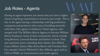 Job Roles - Agents
Having an agent represent you means that you have a higher
chance of getting corporations to invest in your script. This is
due to the agent having a relationship with big production
companies and producers after years of building networks
with them. One agency is Endeavor Talent Agency, who
merged with The William Morris Agency to become William
Morris Endeavor. Some of their screenwriter clients include
Greg Berlanti, Linwood Boomer and Robert Carlock. They
also represent actors, including Amy Adams, Ben Affleck,
Casey Affleck, Jessica Alba, Kevin Bacon and Christian Bale.
For example, Patrick Whitesell is Ben Afflecks agent and co-
CEO of WME, an entertainment and media agency.
 