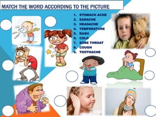 1. STOMACH ACHE
2. EARACHE
3. HEADACHE
4. TEMPERATURE
5. RASH
6. COLD
7. SORE THROAT
8. COUGH
9. TOOTHACHE
 