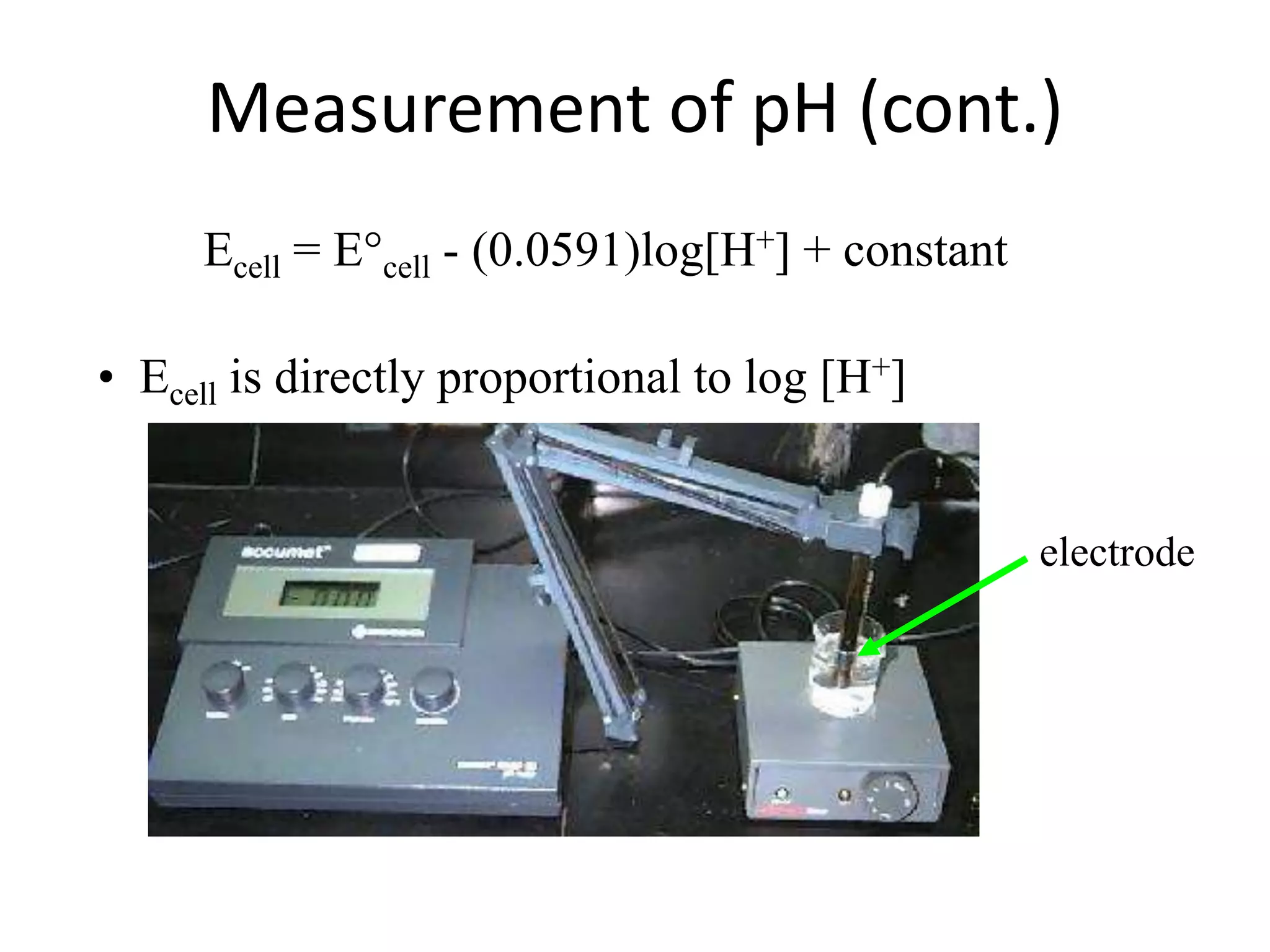 Measurement of pH (cont.)
Ecell = E°cell - (0.0591)log[H+] + constant
• Ecell is directly proportional to log [H+]
electrode
 